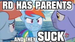 Size: 1280x720 | Tagged: safe, imported from derpibooru, bow hothoof, rainbow dash, windy whistles, parental glideance, angry, background pony strikes again, downvote bait, father and child, father and daughter, female, hater, lies, male, mare, mother and child, mother and daughter, op is a duck, op is trying to start shit, op is wrong, sad, stallion, text, trio, water