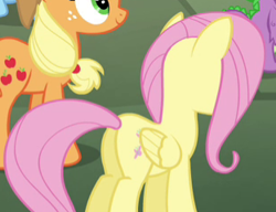 Size: 312x239 | Tagged: safe, imported from derpibooru, screencap, applejack, fluttershy, rainbow dash, spike, dragon, earth pony, pegasus, pony, twilight's kingdom, butt, cropped, female, mare, plot, smiling