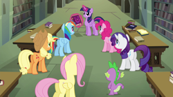 Size: 1280x720 | Tagged: safe, imported from derpibooru, screencap, applejack, fluttershy, pinkie pie, rainbow dash, rarity, spike, twilight sparkle, alicorn, twilight's kingdom, butt, mane seven, mane six, plot, twilight sparkle (alicorn)