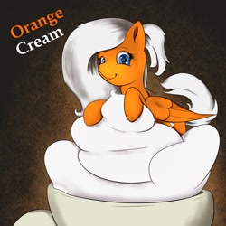 Size: 1280x1280 | Tagged: safe, artist:chrisgotjar, imported from derpibooru, oc, oc only, oc:orange cream, pony, cream, cup, female, mare, simple background, solo, text