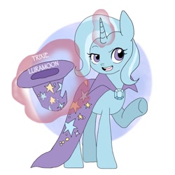 Size: 768x768 | Tagged: safe, artist:zoomiso, imported from derpibooru, trixie, pony, unicorn, cape, clothes, female, hat, looking at you, mare, pointing, solo, trixie's cape, trixie's hat