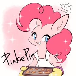 Size: 768x768 | Tagged: safe, artist:zoomiso, imported from derpibooru, pinkie pie, earth pony, pony, apron, bust, chef's hat, clothes, cookie, cute, diapinkes, female, food, hat, mare, oven mitts, smiling, solo, tray