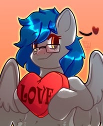 Size: 2258x2735 | Tagged: safe, artist:blueomlette, imported from derpibooru, pegasus, pony, blushing, fluffy, glasses, heart, holding, love, solo, text, two colour hair, two toned hair, wings