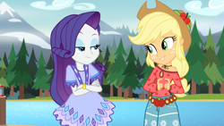 Size: 1920x1080 | Tagged: safe, imported from derpibooru, screencap, applejack, rarity, equestria girls, legend of everfree, camp fashion show outfit, clothes, lake, tree