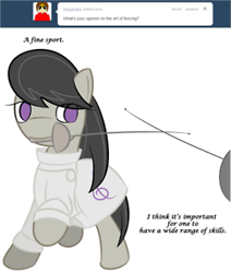 Size: 250x295 | Tagged: safe, artist:erthilo, imported from derpibooru, octavia melody, earth pony, pony, ask octavia, ask, clothes, female, fencing, mare, mouth hold, no pupils, solo, tumblr