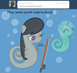 Size: 801x766 | Tagged: safe, artist:erthilo, imported from derpibooru, lyra heartstrings, octavia melody, original species, sea pony, seahorse, ask octavia, ask, bow (instrument), cello bow, duo, duo female, female, no pupils, seaponified, seapony lyra, species swap, tumblr, underwater