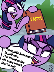 Size: 2048x2737 | Tagged: safe, artist:quarium edits, edit, imported from derpibooru, starlight glimmer, twilight sparkle, alicorn, pony, 2 panel comic, comic, drama, ed edd n eddy, exploitable meme, female, meme, op is a duck, op is trying to start shit, solo, starlight drama, twilight sparkle (alicorn), twilight's fact book