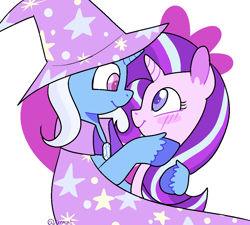 Size: 1158x1043 | Tagged: safe, artist:1racat, imported from derpibooru, starlight glimmer, trixie, pony, unicorn, blushing, cape, clothes, cute, diatrixes, duo, female, glimmerbetes, hat, lesbian, looking at each other, shipping, smiling, startrix, trixie's cape, trixie's hat, unshorn fetlocks