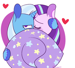 Size: 1158x1043 | Tagged: safe, artist:1racat, imported from derpibooru, starlight glimmer, trixie, pony, unicorn, blushing, clothes, cute, duo, eyes closed, female, hat, kissing, lesbian, shipping, startrix, trixie's hat, unshorn fetlocks