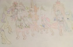 Size: 3931x2553 | Tagged: safe, artist:seriousponylovers, imported from derpibooru, princess celestia, princess luna, oc, angry, brush, chair, clothes, dress, hair, tongue out, traditional art, young