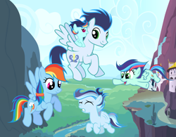 Size: 5569x4345 | Tagged: safe, artist:velveagicsentryyt, imported from derpibooru, rainbow dash, soarin', oc, oc:cold cloud, oc:prisdale, oc:rainbow blitzes, pegasus, pony, absurd resolution, baby, baby pony, family, female, filly, flying, male, offspring, parent:rainbow dash, parent:soarin', parents:soarindash, shipping, soarindash, straight