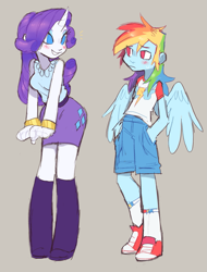 Size: 1155x1518 | Tagged: safe, artist:xenon, color edit, edit, imported from derpibooru, rainbow dash, rarity, human, equestria girls, blushing, clothes, colored, converse, cute, female, horned humanization, humanized, lesbian, looking at each other, raribetes, raridash, shipping, shoes, simple background, smiling, winged humanization, wings