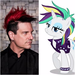 Size: 3988x3988 | Tagged: safe, imported from derpibooru, rarity, human, pony, unicorn, alternate hairstyle, celldweller, clothes, comparison, irl, irl human, jacket, klayton celldweller, leather jacket, lidded eyes, mohawk, photo, punk, raripunk, vector