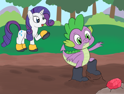 Size: 2048x1556 | Tagged: safe, artist:wingcommanderrudoji, imported from derpibooru, rarity, spike, dragon, pony, unicorn, boots, duo, gem, gritted teeth, helpful, helping, implied shipping, implied sparity, implied straight, mud, muddy, open mouth, raised leg, shoes, sticky