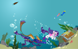 Size: 10113x6356 | Tagged: safe, artist:smcho1014, deleted from derpibooru, imported from derpibooru, rarity, oc, oc:wild sketchy, dinosaur, fish, pony, unicorn, absurd resolution, boat, hybrid dinosaur, metrialong, sand, scuba, scuba diving, scuba gear, seashell, seaweed, treasure chest, treasure hunting, underwater