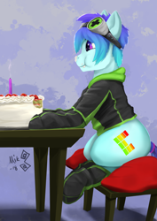 Size: 2894x4093 | Tagged: safe, artist:mik3thestrange, imported from derpibooru, oc, oc only, oc:raven mcchippy, earth pony, pony, birthday, cake, clothes, eating, food, male, sitting, solo, stallion