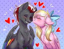 Size: 1100x850 | Tagged: safe, artist:pur-fox stardust, imported from derpibooru, oc, oc:bay breeze, oc:mahx, pegasus, pony, abstract background, bahx, blushing, bow, chest fluff, couple, cute, eyes closed, female, hair bow, heart, male, nuzzling, straight