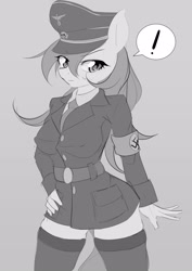 Size: 2526x3573 | Tagged: safe, artist:aryanne, imported from derpibooru, oc, oc only, oc:aryanne, anthro, black and white, boots, clothes, dress, exclamation point, female, gray background, grayscale, hand on hip, hat, looking at you, monochrome, nazi, nazi armband, nazi uniform, pictogram, shoes, simple background, socks, solo, swastika, thigh boots, thigh highs, uniform