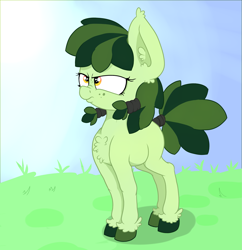 Size: 3219x3320 | Tagged: safe, artist:paskanaakka, derpibooru exclusive, imported from derpibooru, oc, oc only, oc:sweetleaf, pony, chest fluff, colored hooves, ear fluff, female, filly, freckles, grumpy, nose wrinkle, solo, tail wrap, unshorn fetlocks