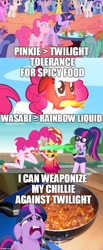 Size: 500x1218 | Tagged: safe, edit, edited screencap, imported from derpibooru, screencap, pinkie pie, twilight sparkle, alicorn, equestria girls, equestria girls series, friendship is magic, my little pony: the movie, sonic rainboom (episode), chili, comparison, fallacy, fire, fire breath, image macro, meme, misspelling, red face, twilight sparkle (alicorn)