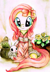 Size: 2394x3437 | Tagged: safe, artist:mashiromiku, artist:shiinadrawmiku, imported from derpibooru, angel bunny, fluttershy, pegasus, pony, alternate hairstyle, bow, clothes, cute, duo, female, flower, hair bow, kimono (clothing), looking at you, mare, rose, shyabetes, sitting, smiling, traditional art, watercolor painting