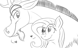 Size: 1920x1200 | Tagged: safe, artist:merciresolution, imported from derpibooru, discord, fluttershy, draconequus, pegasus, pony, bust, discoshy, female, heart, looking at each other, male, mare, monochrome, portrait, shipping, sketch, smiling, straight