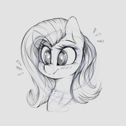 Size: 1660x1660 | Tagged: safe, artist:dapurpleheart, imported from derpibooru, fluttershy, pegasus, pony, bust, female, gray background, grayscale, mare, monochrome, portrait, simple background, sketch, smiling, solo