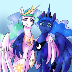 Size: 1280x1280 | Tagged: safe, artist:jitterbugjive, imported from derpibooru, princess celestia, princess luna, alicorn, pony, commission, crown, duo, ethereal mane, female, hoof shoes, hug, jewelry, lidded eyes, looking at you, mare, regalia, royal sisters, side hug, simple background, sisters, smiling, starry mane, winghug