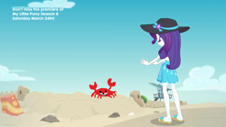 Size: 1920x1080 | Tagged: safe, artist:supra80, edit, edited screencap, imported from derpibooru, screencap, rarity, crab, aww... baby turtles, equestria girls, equestria girls series, clothes, crab fighting a giant rarity, feet, flip-flops, hat, legs, meme, rarity fighting a giant crab, rarity fighting a regular sized crab, rarity's blue sarong, role reversal, ruins, sand castle, sandals, sandcastle, sarong, spurdo spärde, sun hat, swimsuit