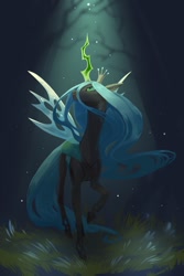 Size: 853x1280 | Tagged: safe, artist:emerarudoshika, imported from derpibooru, queen chrysalis, changeling, changeling queen, crown, female, forest, glowing horn, grass, horn, jewelry, looking up, raised hoof, regalia, solo, sunlight, wings