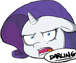 Size: 580x481 | Tagged: safe, artist:shoutingisfun, imported from derpibooru, rarity, pony, unicorn, angry, bust, cropped, darling, dialogue, female, head, looking at you, mare, reaction image, simple background, solo, speech bubble, transparent background, unamused