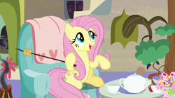 Size: 1280x720 | Tagged: safe, imported from derpibooru, screencap, fluttershy, pegasus, pony, discordant harmony, butterfly net, candy, cup, cute, female, food, mare, shyabetes, sitting, smoke, solo, teacup, teapot