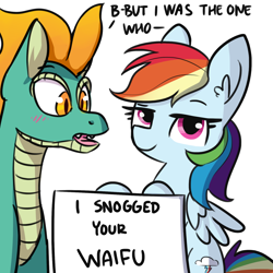 Size: 1650x1650 | Tagged: safe, artist:dsp2003, artist:tjpones, artist:tjpones edits, edit, imported from derpibooru, rainbow dash, tianhuo, longma, pegasus, pony, them's fightin' herds, blushing, community related, crossover shipping, dialogue, ear fluff, female, implied lesbian, implied shipping, implied tiandash, lesbian, lidded eyes, looking at you, mare, pony shaming, pure unfiltered evil, shaming, shipping, simple background, smug, text, tiandash, tianhuo (tfh), waifu, white background, wings