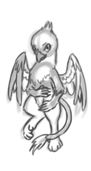 Size: 658x1234 | Tagged: safe, artist:theandymac, imported from derpibooru, oc, oc only, oc:der, griffon, belly, looking at you, male, monochrome, on back, sketch, solo