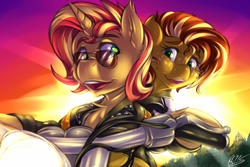 Size: 1500x1000 | Tagged: safe, artist:drizziedoodles, imported from derpibooru, sunset shimmer, oc, oc:honey drizzle, unicorn, aviator glasses, aviator sunglasses, canon x oc, clothes, cute, duo, jacket, leather jacket, motorcycle, rule 63, shipping, smiling, sunglasses, sunnydrizzle, sunset, sunset glare