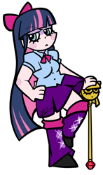 Size: 1024x1745 | Tagged: safe, artist:befishproductions, imported from derpibooru, twilight sparkle, human, equestria girls, anarchy stocking, angel, anime, boots, clothes, costume, crossover, equestria girls outfit, female, gloves, hair ribbon, motorcross, not twilight sparkle, panty and stocking with garterbelt, scepter, shoes, simple background, solo, stockinglight, transparent background, twilight scepter