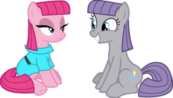 Size: 500x283 | Tagged: safe, color edit, edit, imported from derpibooru, maud pie, pinkie pie, earth pony, pony, rock solid friendship, alternate hairstyle, behaving like maud pie, colored, duo, female, grin, mare, maudie pie, palette swap, pie sisters, pinkamena diane pie, recolor, role reversal, siblings, simple background, sisters, skin color edit, smiling, transparent background, vector