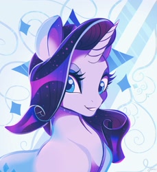 Size: 3200x3500 | Tagged: safe, artist:clockworkquartet, imported from derpibooru, rarity, pony, unicorn, abstract background, bust, cutie mark, eyelashes, female, horn, looking at you, mare, portrait, pretty, smiling, solo, sparkles