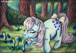 Size: 3080x2127 | Tagged: safe, artist:lolliangel00, artist:lolliangel123, imported from derpibooru, blue belle, earth pony, pony, bow, colored pencil drawing, female, flower, forest, g1, mare, pencil drawing, solo, tail bow, traditional art, tree, watercolor painting