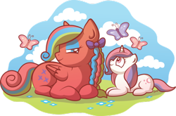 Size: 600x397 | Tagged: safe, artist:xkappax, imported from derpibooru, baby moondancer, flutterbye, butterfly, pegasus, pony, unicorn, braid, female, filly, g1, g1 to g4, g4, generation leap, mare, simple background, transparent background