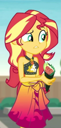 Size: 447x930 | Tagged: safe, imported from derpibooru, screencap, sunset shimmer, equestria girls, equestria girls series, x marks the spot, bikini, clothes, cropped, food, midriff, sarong, sushi, swimsuit