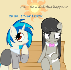 Size: 718x704 | Tagged: safe, artist:erthilo, imported from derpibooru, dj pon-3, octavia melody, vinyl scratch, earth pony, pony, unicorn, ask octavia, bench, clothes, duo, duo female, female, glasses, mare, sitting, wrong eye color