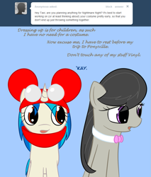 Size: 801x942 | Tagged: safe, artist:erthilo, imported from derpibooru, dj pon-3, octavia melody, vinyl scratch, earth pony, pony, unicorn, ask octavia, clothes, costume, duo, duo female, female, mare, wrong eye color