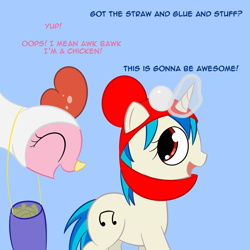 Size: 801x801 | Tagged: safe, artist:erthilo, imported from derpibooru, dj pon-3, pinkie pie, vinyl scratch, earth pony, pony, unicorn, ask octavia, animal costume, chicken pie, chicken suit, clothes, costume, duo, duo female, female, mare