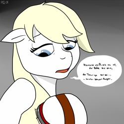 Size: 900x900 | Tagged: safe, artist:pony quarantine, imported from derpibooru, oc, oc only, oc:aryanne, earth pony, pony, aryan pony, brush, brushing, depressed, dialogue, eyelashes, female, hoof hold, i found the lyrics on youtube i have no idea if they are correct, lidded eyes, looking down, mare, nazi, open mouth, sad, simple background, singing, solo, speech bubble