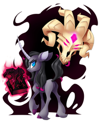 Size: 2288x2793 | Tagged: safe, artist:centchi, imported from derpibooru, fhtng th§ ¿nsp§kbl, oleander, classical unicorn, demon, unicorn, them's fightin' herds, black magic, book, cloven hooves, community related, curved horn, featureless crotch, female, glowing eyes, horn, leonine tail, lidded eyes, looking back, magic, male, mare, oleander (tfh), simple background, skull, smiling, telekinesis, unicornomicon, unshorn fetlocks, watermark, white background