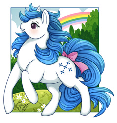 Size: 600x630 | Tagged: safe, artist:rapidashtrainer, imported from derpibooru, majesty, pony, unicorn, bow, female, g1, mare, rainbow, solo, tail bow