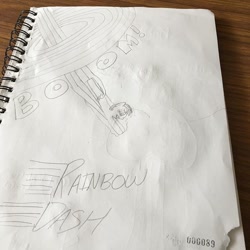 Size: 640x640 | Tagged: safe, artist:nightshadowmlp, imported from derpibooru, rainbow dash, pony, female, sketchbook, solo, sonic rainboom, text, traditional art