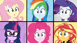 Size: 1920x1080 | Tagged: safe, imported from derpibooru, screencap, fluttershy, pinkie pie, rainbow dash, rarity, sci-twi, sunset shimmer, twilight sparkle, eqg summertime shorts, equestria girls, get the show on the road, clothes, confused, female, geode of fauna, glasses, puzzled, story in the comments, surprised