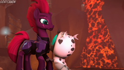 Size: 3840x2160 | Tagged: safe, artist:goatcanon, imported from derpibooru, tempest shadow, oc, oc:joey, changeling, changeling larva, my little pony: the movie, 3d, broken horn, cute, eye scar, lava, requested art, scar, source filmmaker